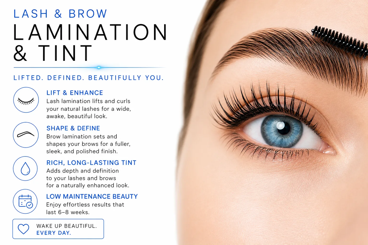 Lash and brow lamination and tint benefits: lift and enhance, shape and define, rich long-lasting tint, and low maintenance beauty