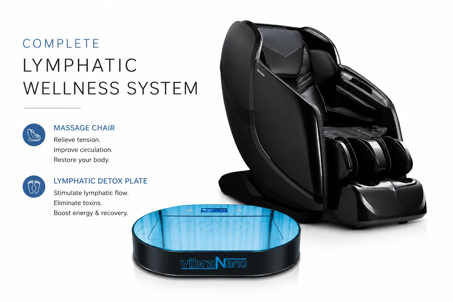 Lymphatic detox vibration plate and massage chair therapy